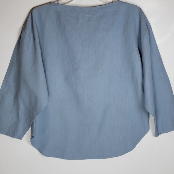 Finity 100% Linen Sky Blue Scoop Neck Rounded Hem 3/4 Sleeve Top, EUC, size Smal - Picture 2 of 4